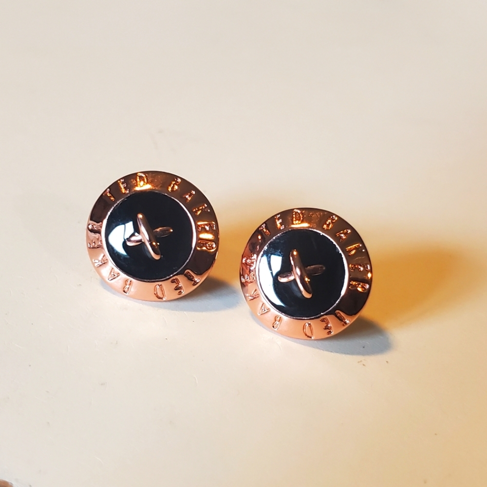 Ted Baker Elody BLACK and ROSE GOLD Enamel Button Earrings